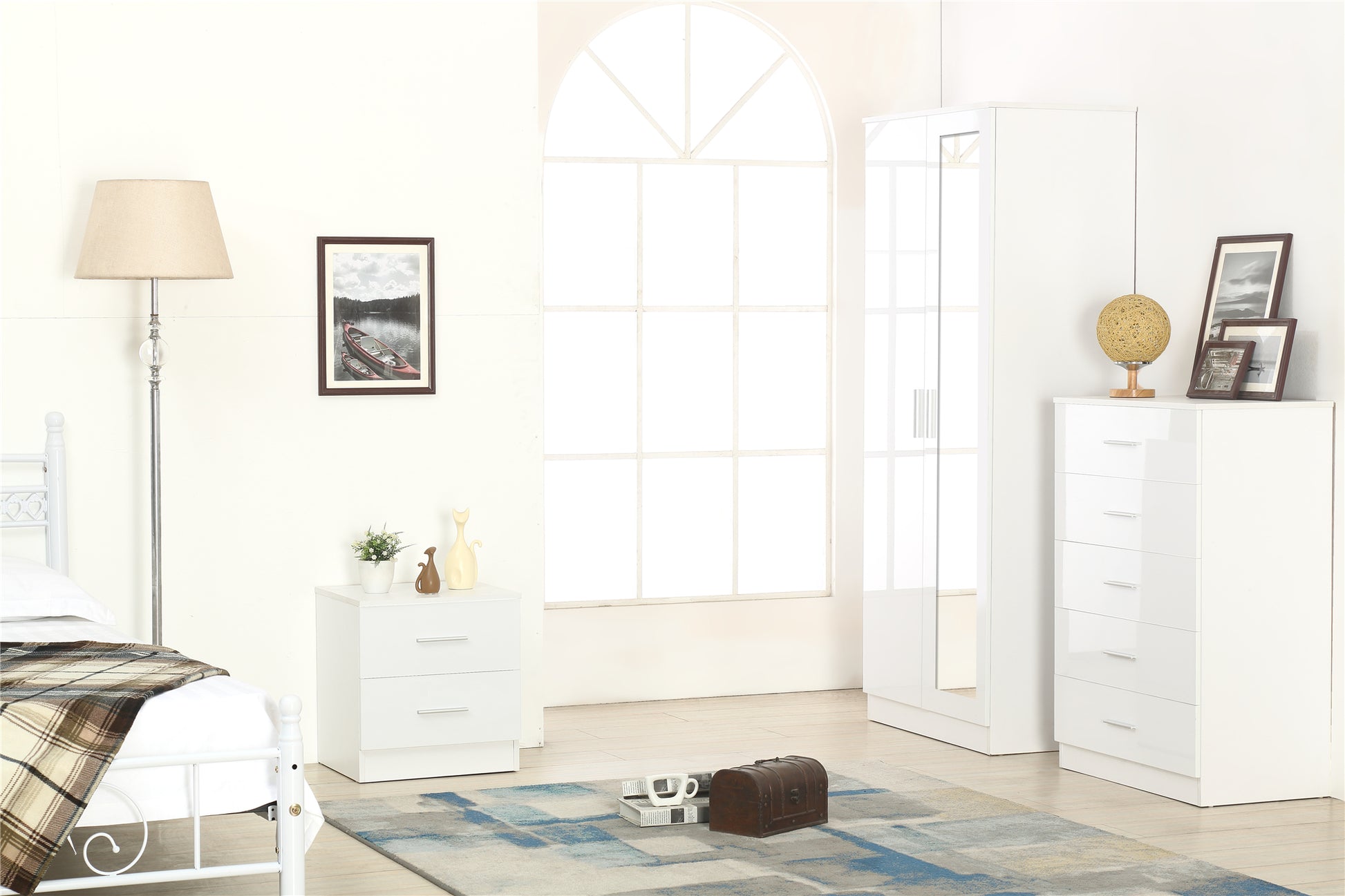 REFLECT SET High Gloss 2 Door Mirrored + Chest + Bedside (3 Piece Set) - 4 Colours