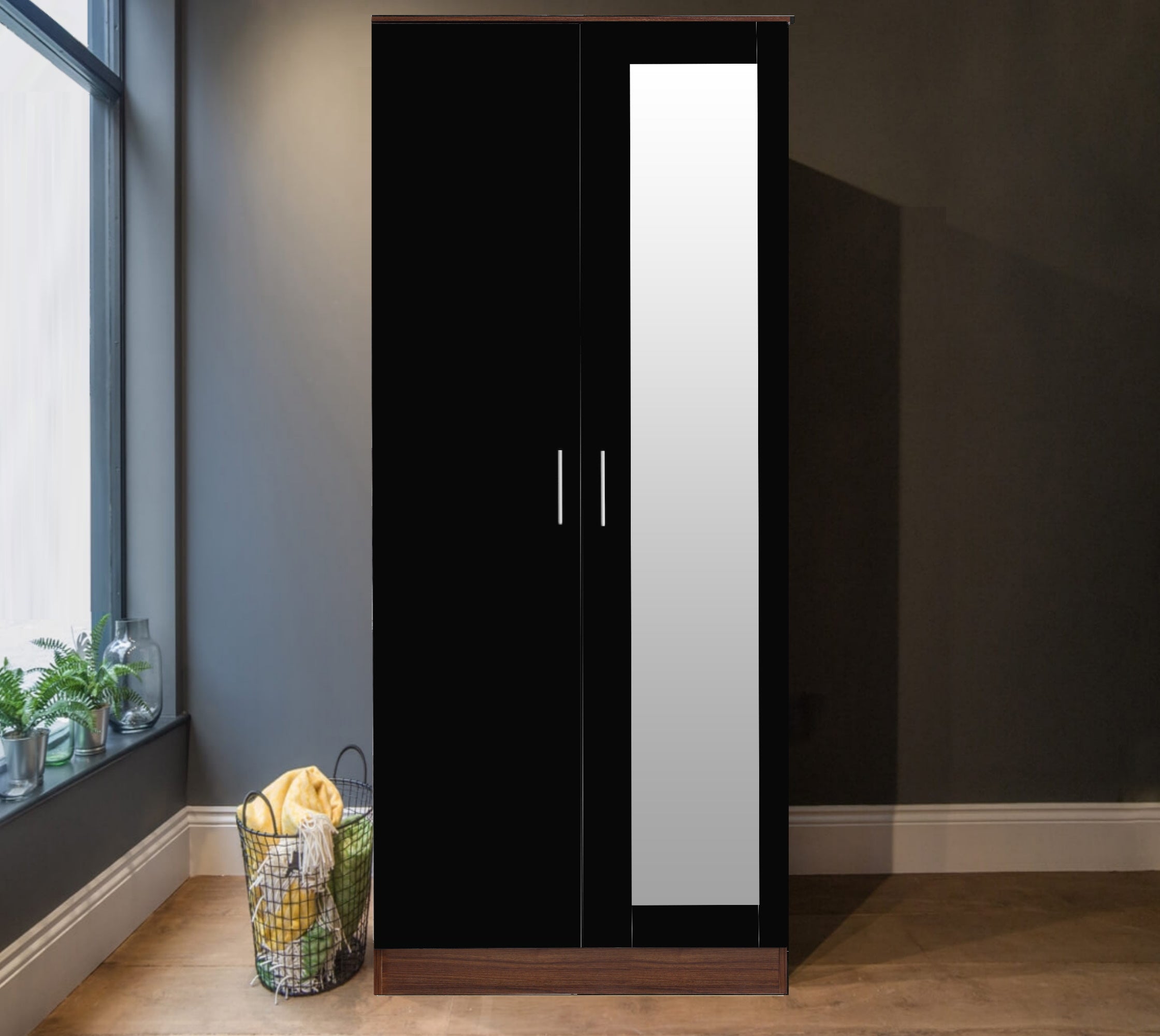 Reflect High Gloss 2 Door Mirrored Wardrobe In Black Gloss Walnut Uk