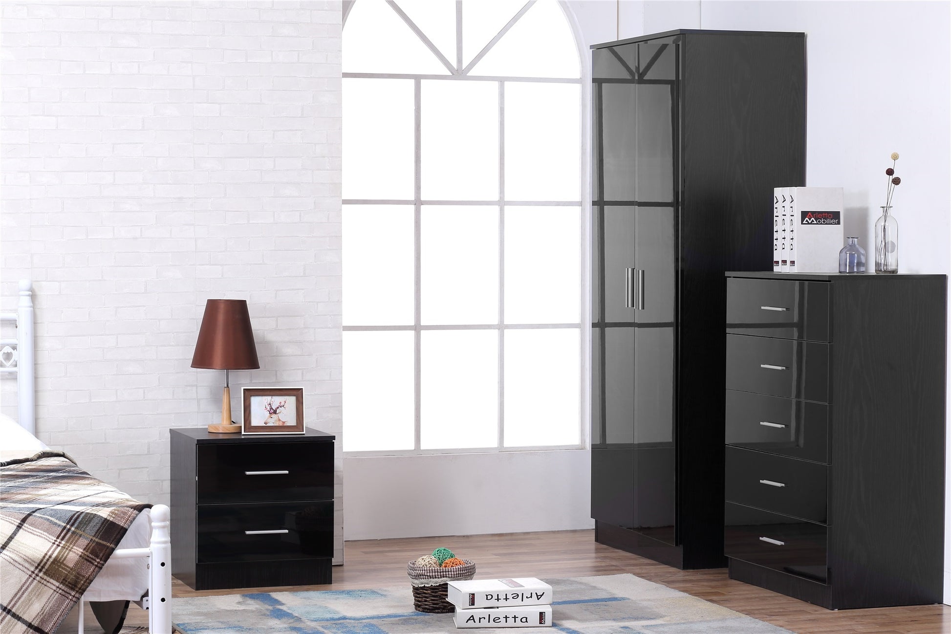 REFLECT SET High Gloss 2 Door Plain + Chest + Bedside (3 Piece Set) - 5 Colours