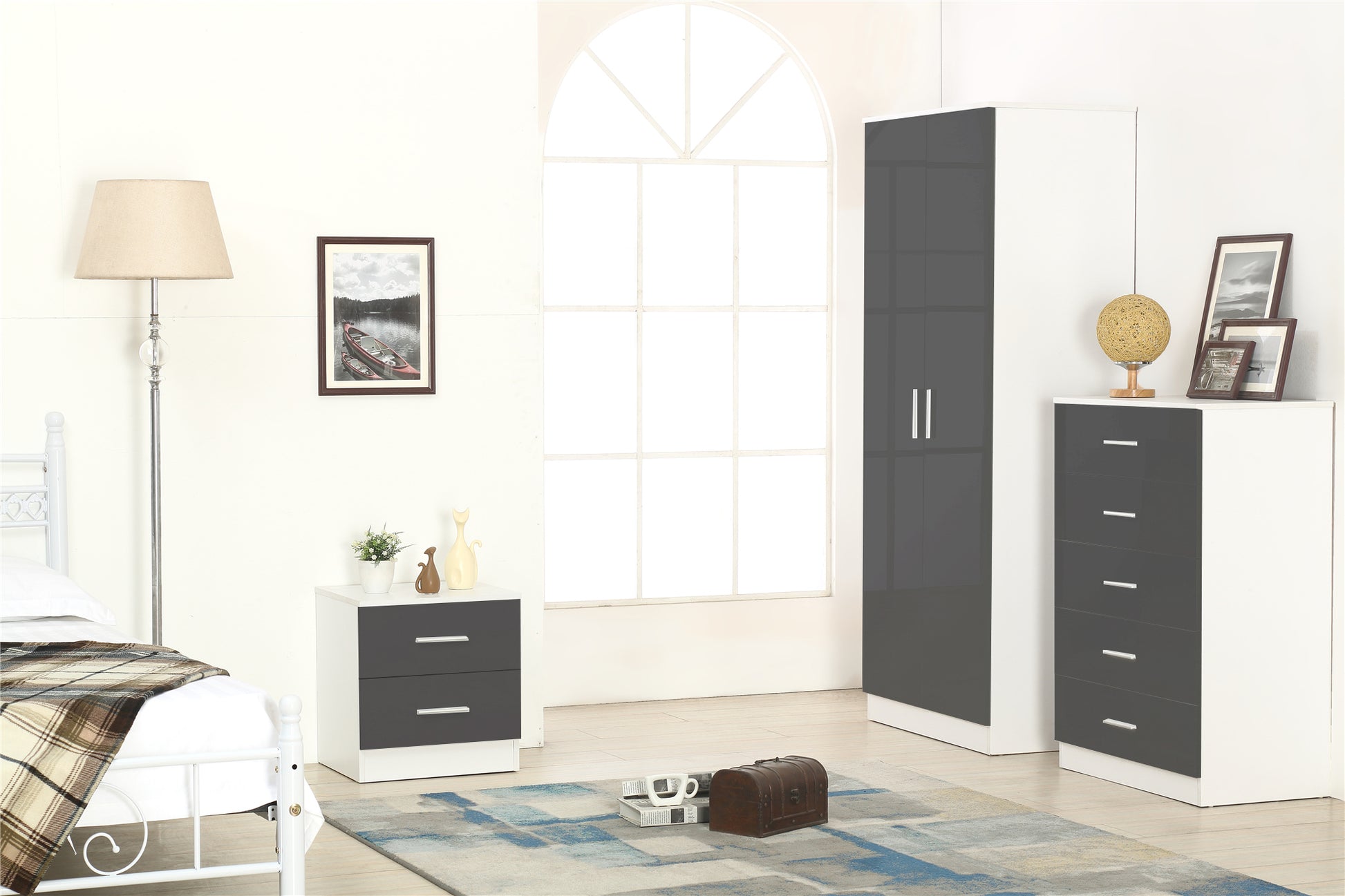 REFLECT SET High Gloss 2 Door Plain + Chest + Bedside (3 Piece Set) - 5 Colours