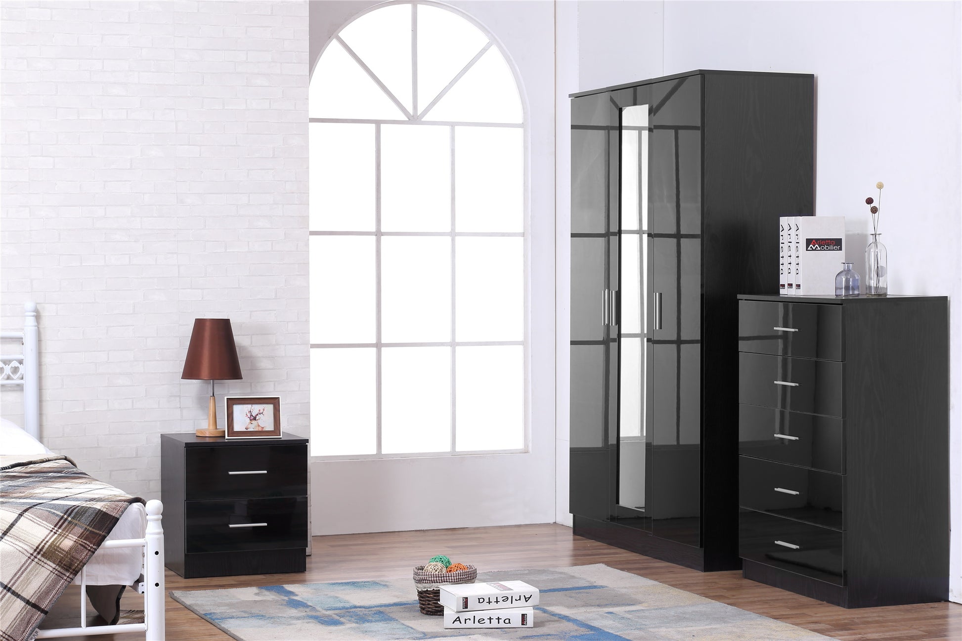 REFLECT SET High Gloss 3 Door Mirrored + Chest + Bedside (3 Piece Set) - 4 Colours