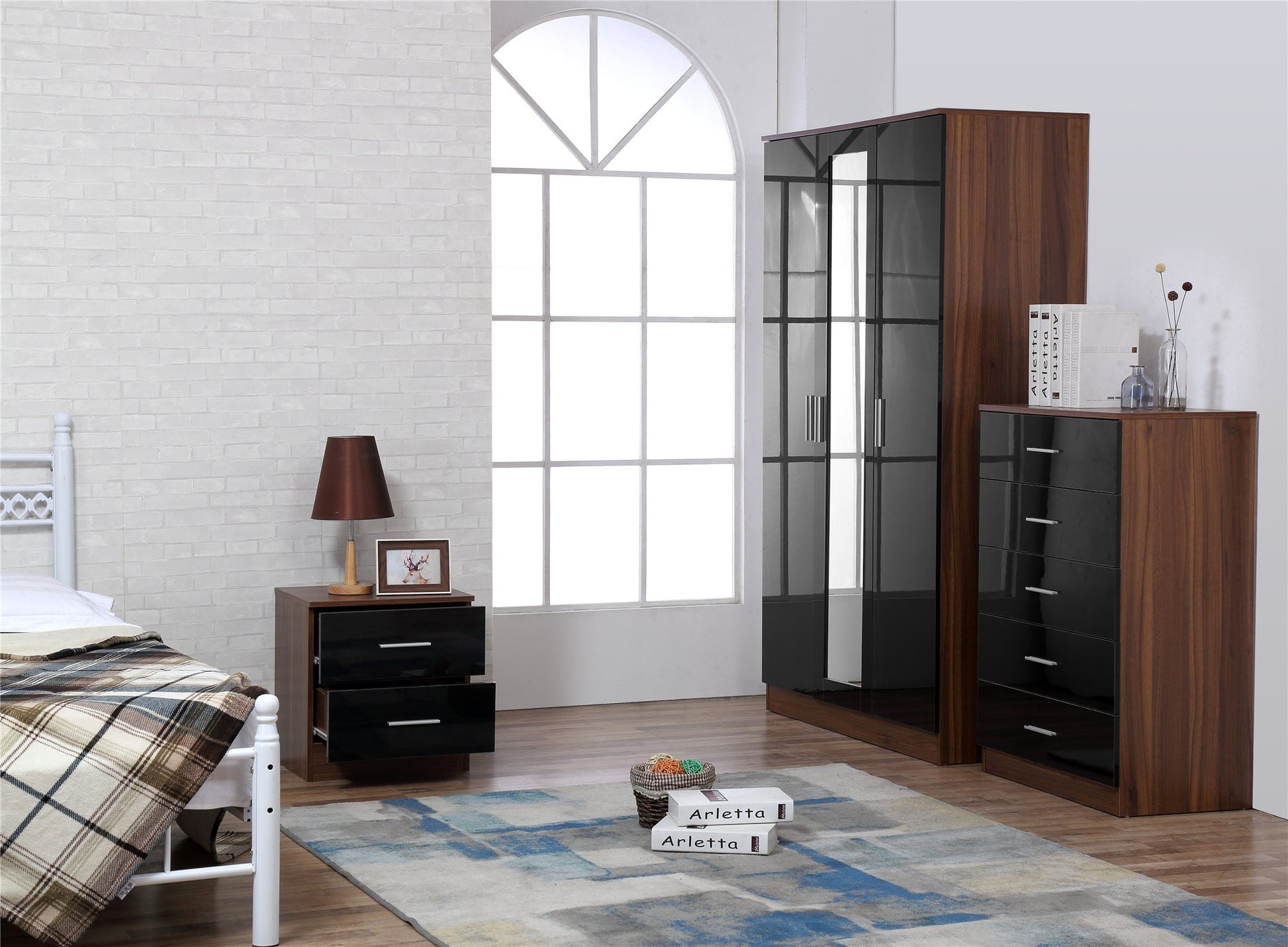 REFLECT SET High Gloss 3 Door Mirrored + Chest + Bedside (3 Piece Set) - 4 Colours