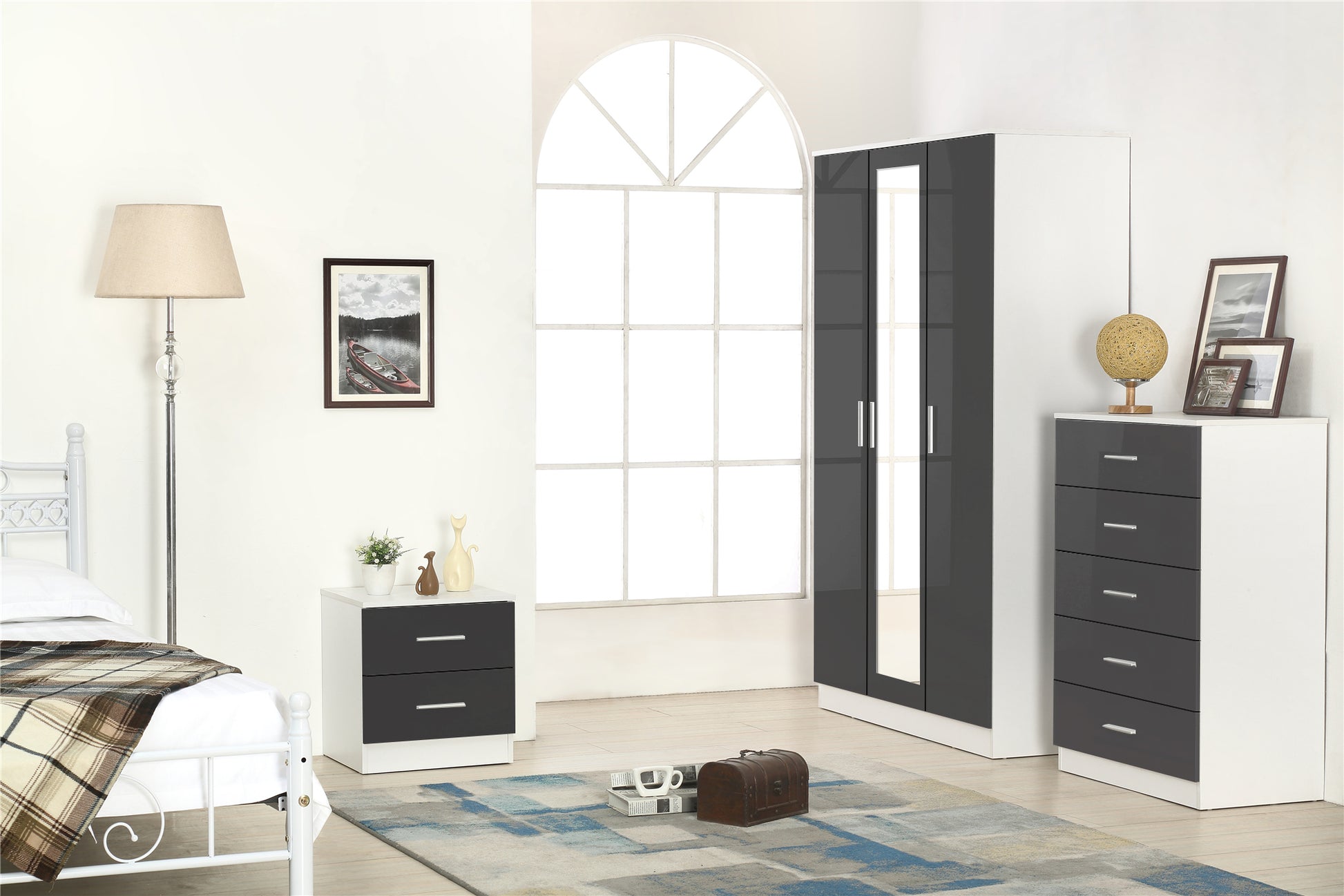 REFLECT SET High Gloss 3 Door Mirrored + Chest + Bedside (3 Piece Set) - 4 Colours