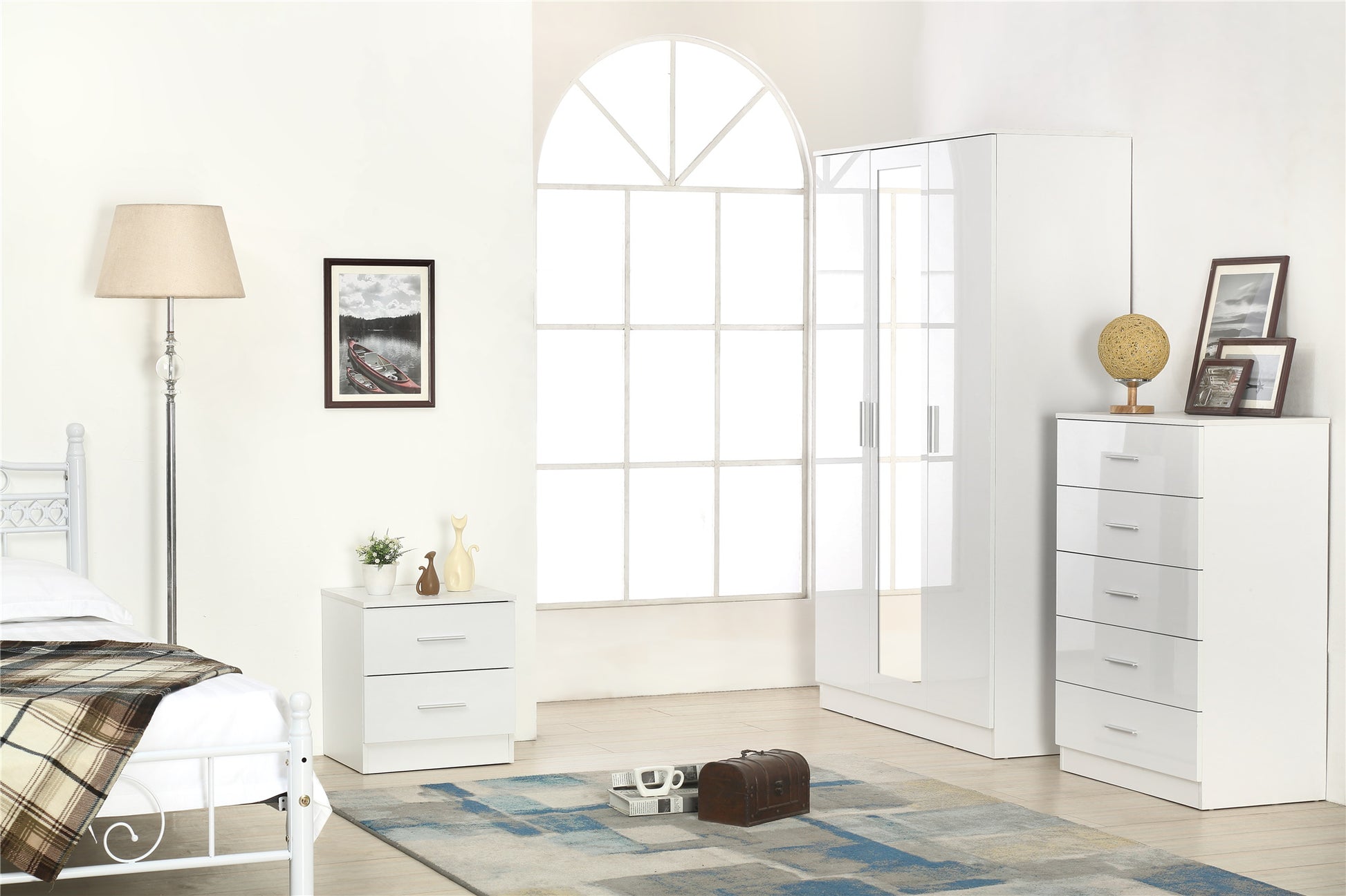 REFLECT SET High Gloss 3 Door Mirrored + Chest + Bedside (3 Piece Set) - 4 Colours