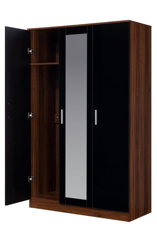 REFLECT High Gloss 3 Door Mirrored Wardrobe in Black Gloss / Walnut