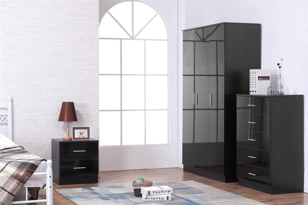 REFLECT SET High Gloss 3 Door Plain + Chest + Bedside (3 Piece Set) - 4 Colours