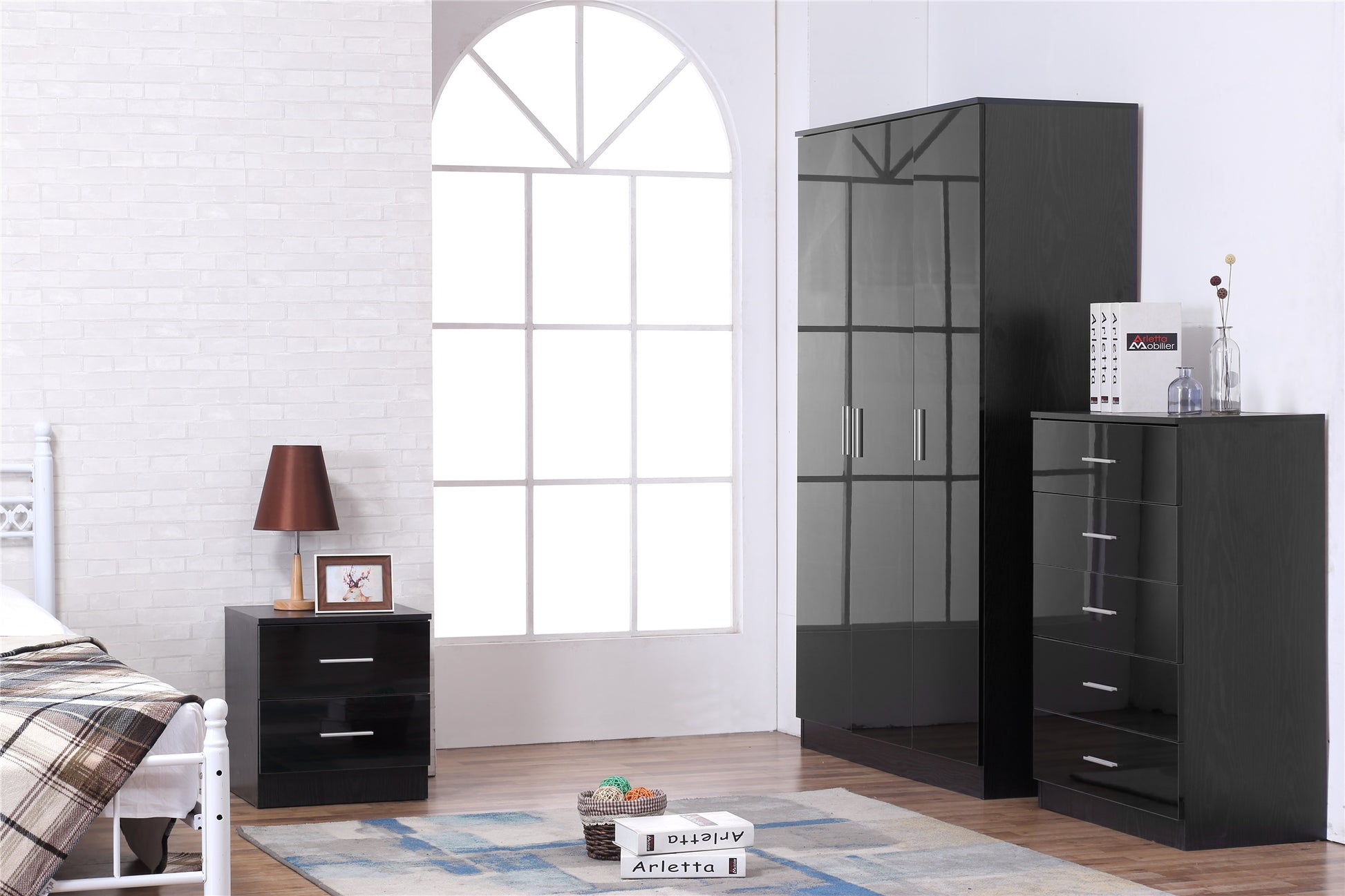 REFLECT SET High Gloss 3 Door Plain + Chest + Bedside (3 Piece Set) - 4 Colours