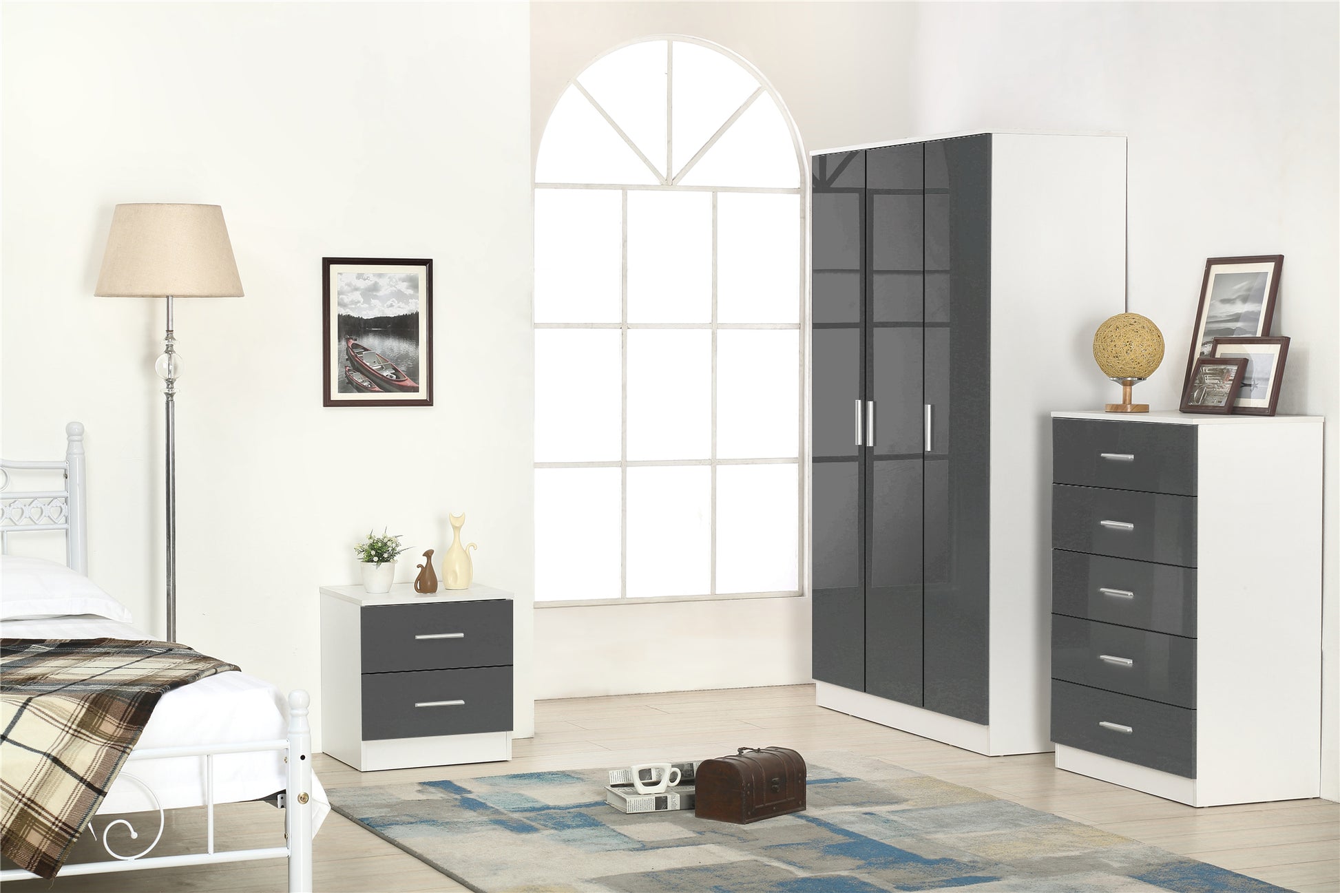 REFLECT SET High Gloss 3 Door Plain + Chest + Bedside (3 Piece Set) - 4 Colours