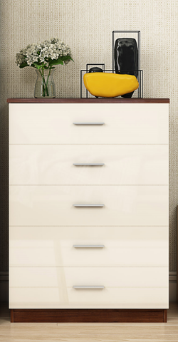REFLECT High Gloss 5 Drawer Chest of Drawers in Cream Gloss / Walnut