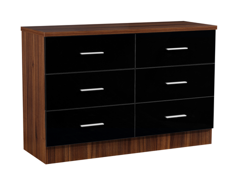 REFLECT XL High Gloss 6 Drawer Chest of Drawers in Black Gloss / Walnut