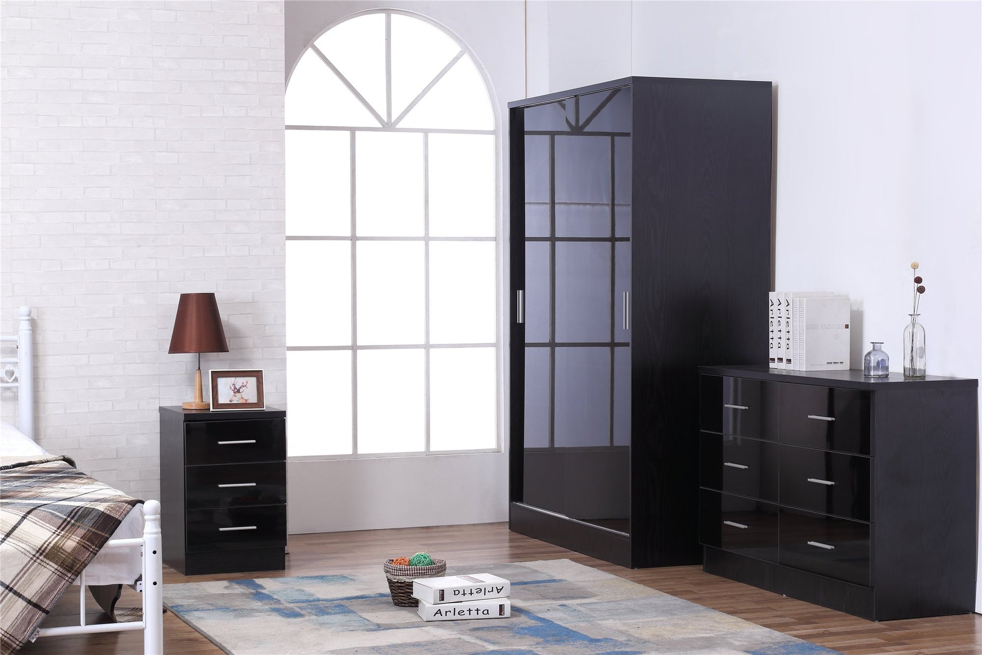 REFLECT XL SET High Gloss 2 Door Sliding Wardrobe + 6 Drawer Chest + 3 Drawer Bedside (3 Piece Set) - 4 Colours - Online4furniture