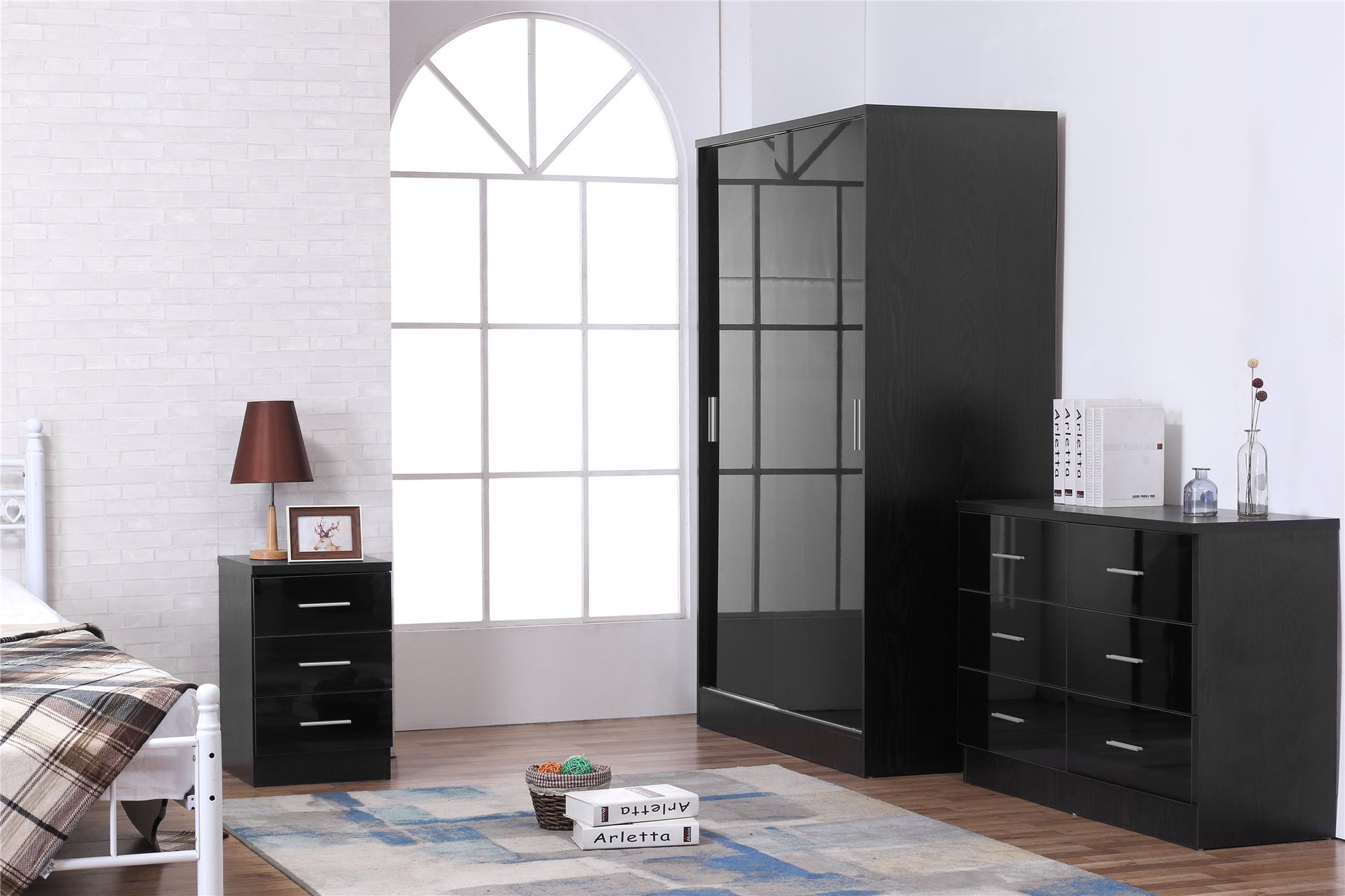 REFLECT SET 2 Door Slider + 6 Drawer Chest + 3 Drawer Bedside (3 Piece Set) in Black Gloss / Black Oak