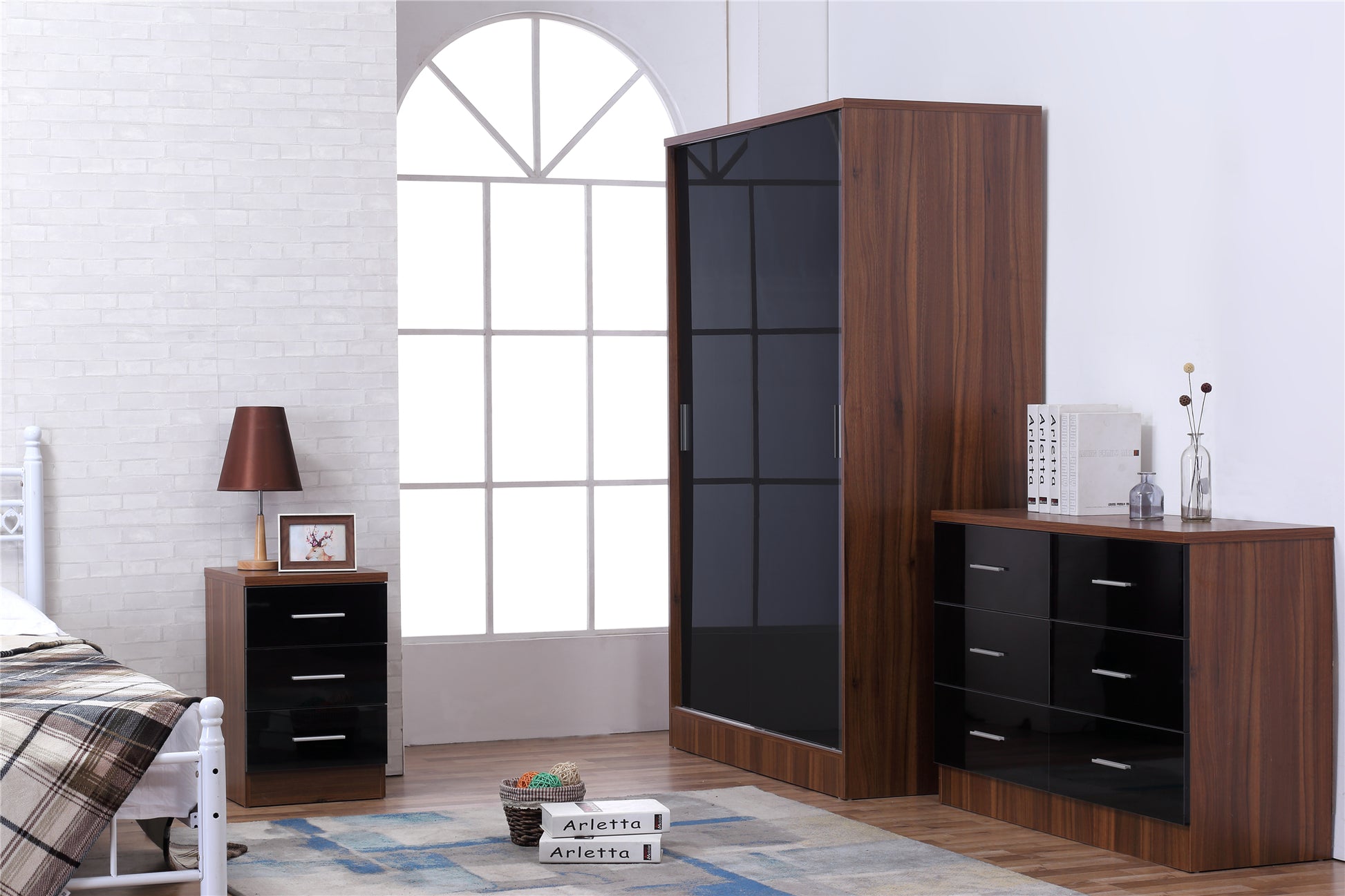 REFLECT SET 2 Door Slider + 6 Drawer Chest + 3 Drawer Bedside (3 Piece Set) in Black Gloss / Walnut