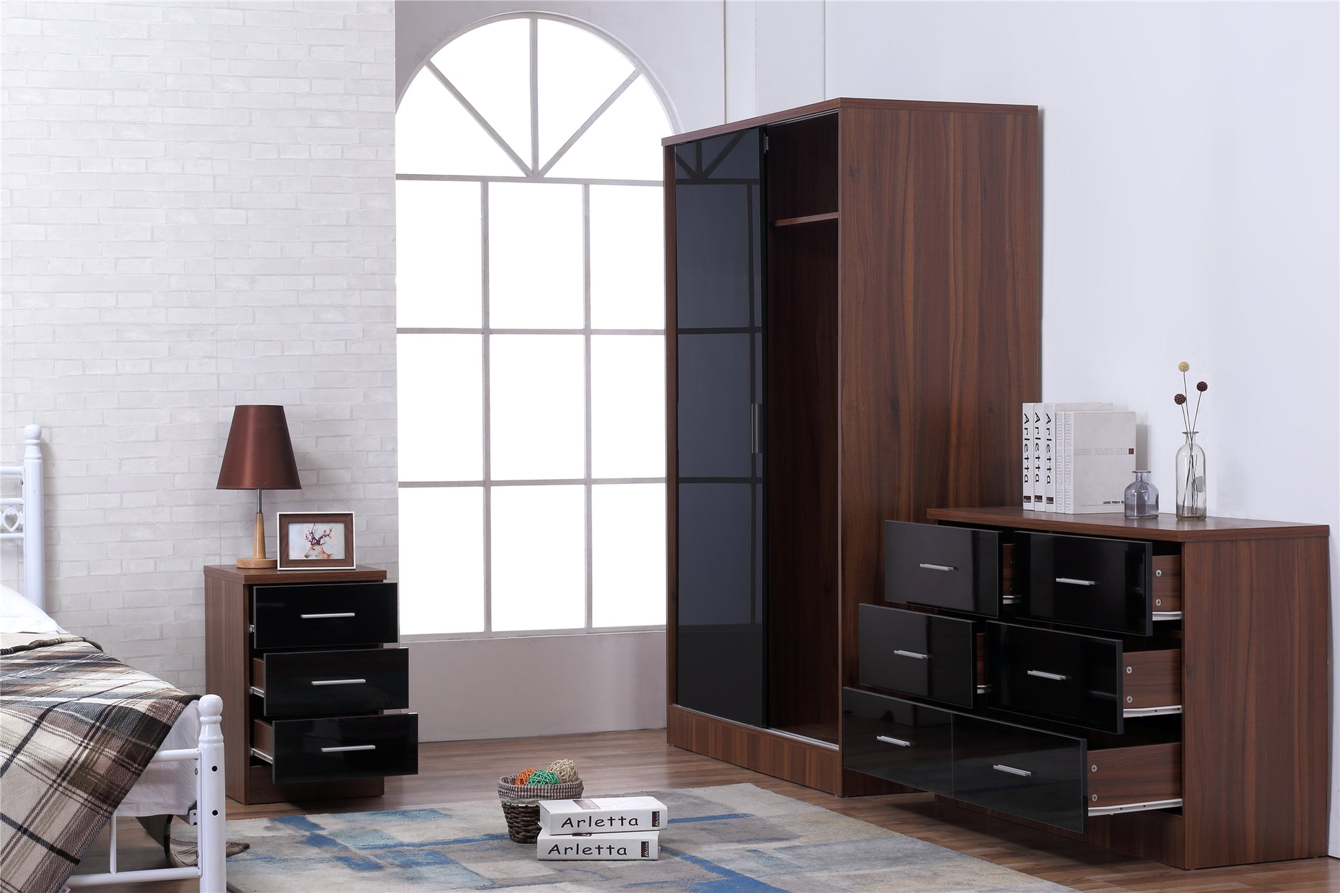 REFLECT SET 2 Door Slider + 6 Drawer Chest + 3 Drawer Bedside (3 Piece Set) in Black Gloss / Walnut