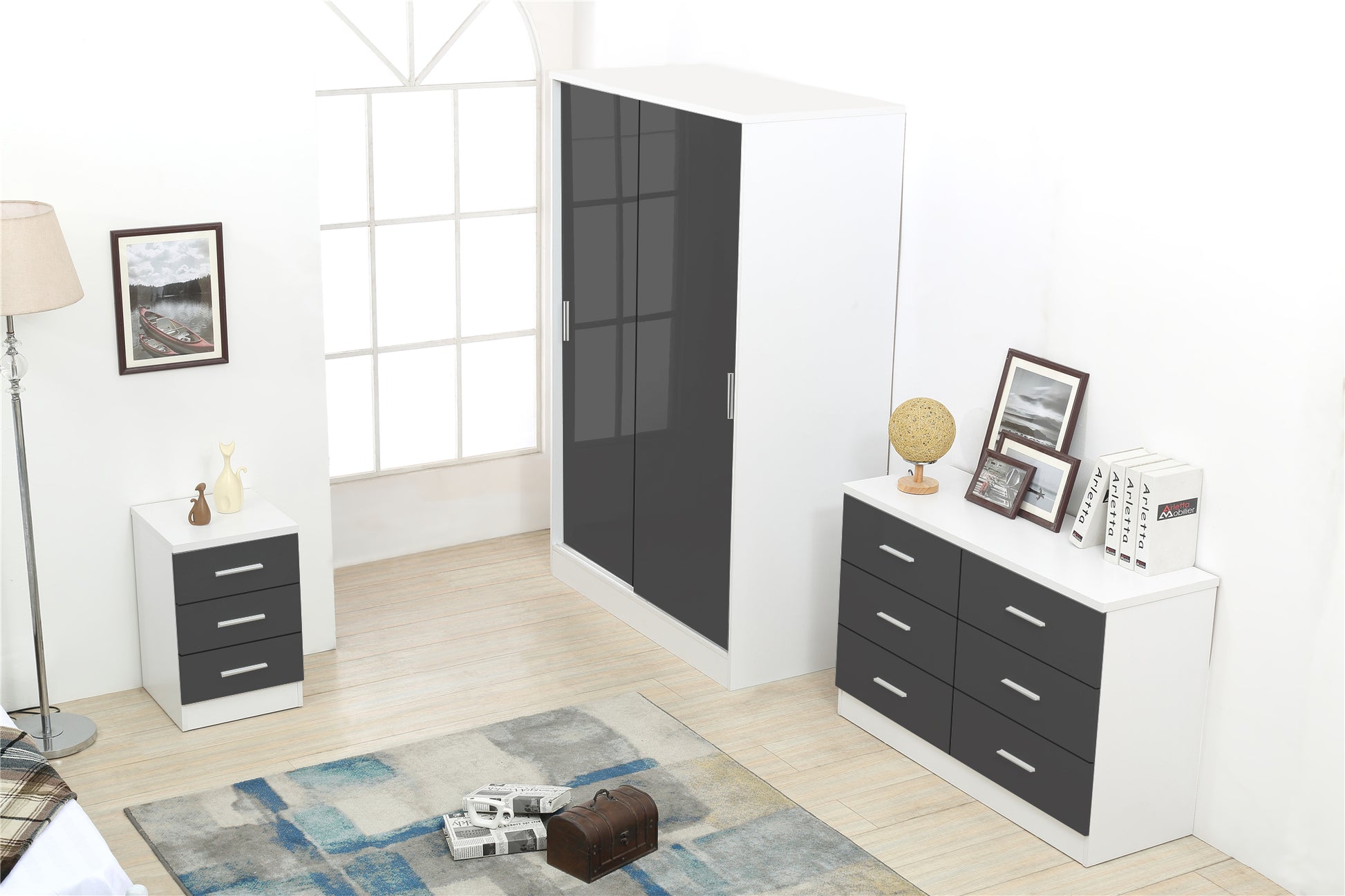 REFLECT SET 2 Door Slider + 6 Drawer Chest + 3 Drawer Bedside (3 Piece Set) in Grey Gloss / Matt White