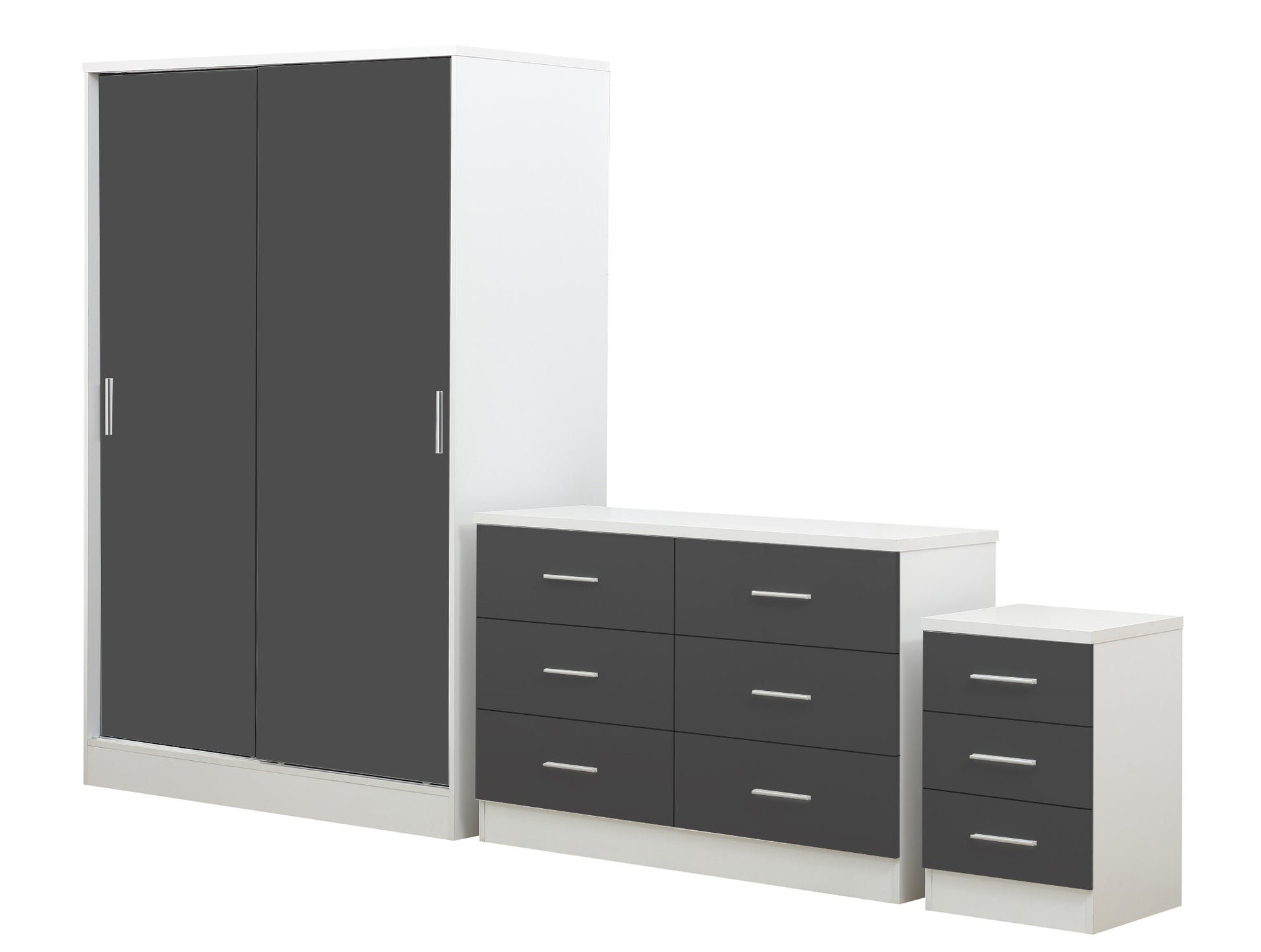 REFLECT SET 2 Door Slider + 6 Drawer Chest + 3 Drawer Bedside (3 Piece Set) in Grey Gloss / Matt White