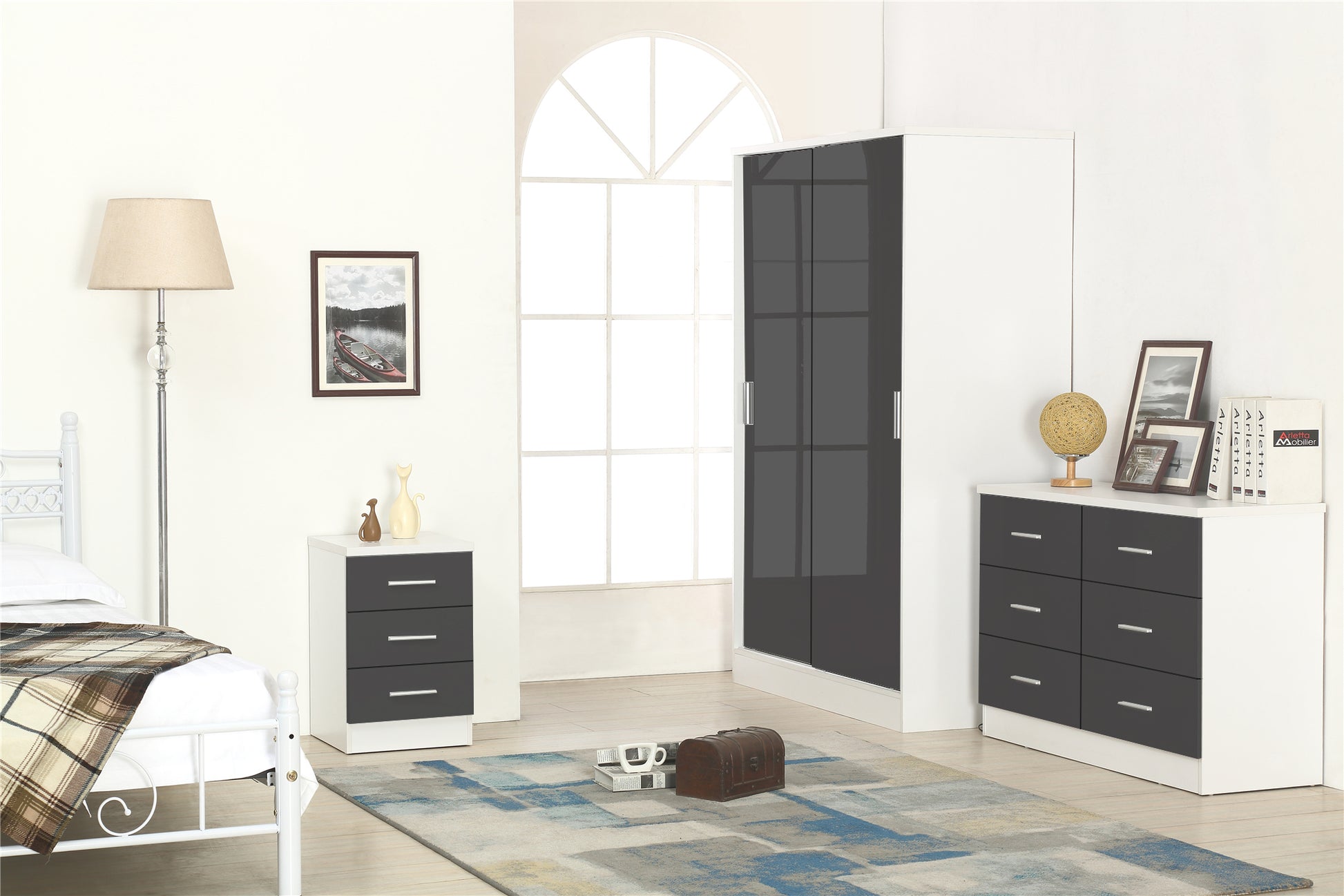 REFLECT SET 2 Door Slider + 6 Drawer Chest + 3 Drawer Bedside (3 Piece Set) in Grey Gloss / Matt White
