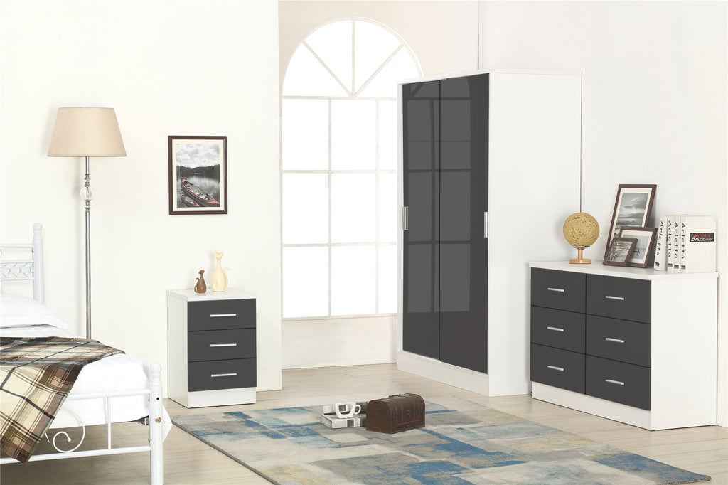 REFLECT XL SET 2 Door Slider + 6 Drawer Chest + 3 Drawer Bedside (3 Piece Set) in Grey Gloss / Matt White