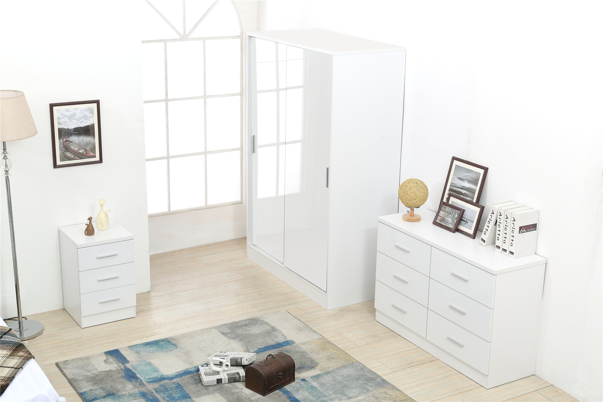 REFLECT SET 2 Door Slider + 6 Drawer Chest + 3 Drawer Bedside (3 Piece Set) in White Gloss / Matt White