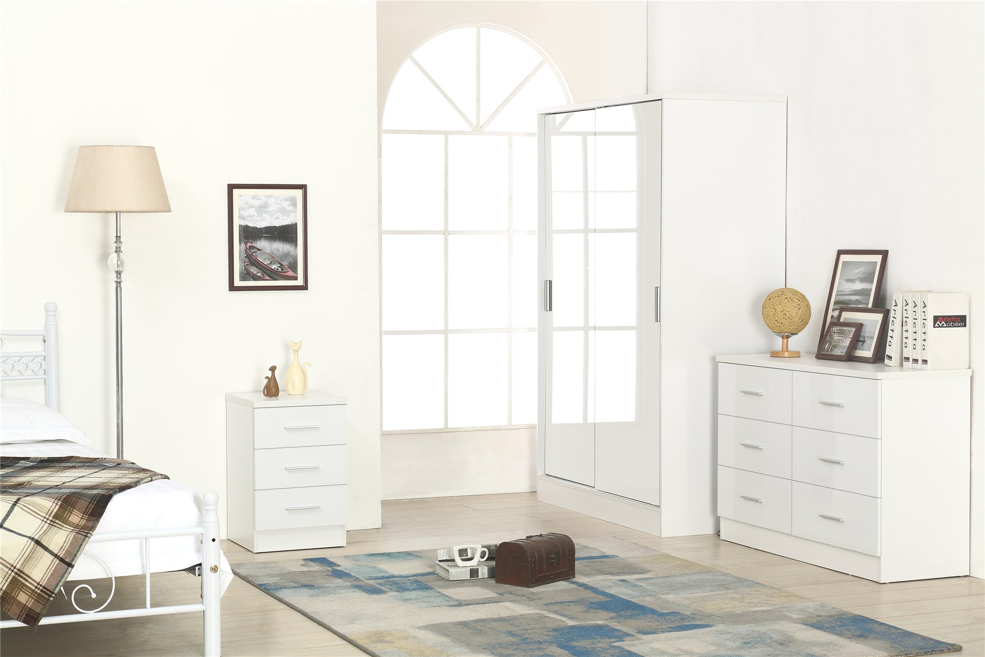 REFLECT SET 2 Door Slider + 6 Drawer Chest + 3 Drawer Bedside (3 Piece Set) in White Gloss / Matt White
